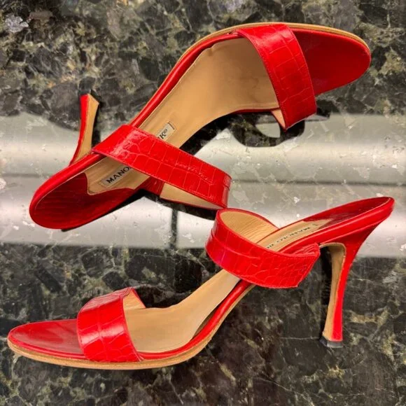 Manolo Blahnik Red Leather Croc Embossed Double Strap Sandals 40 8.5 9 Luxury - Picture 2 of 11